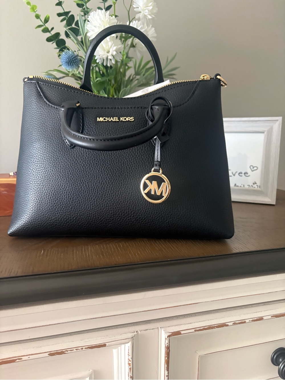 Michael Kors Black Pebbled Leather Satchel with Gold MK Charm
